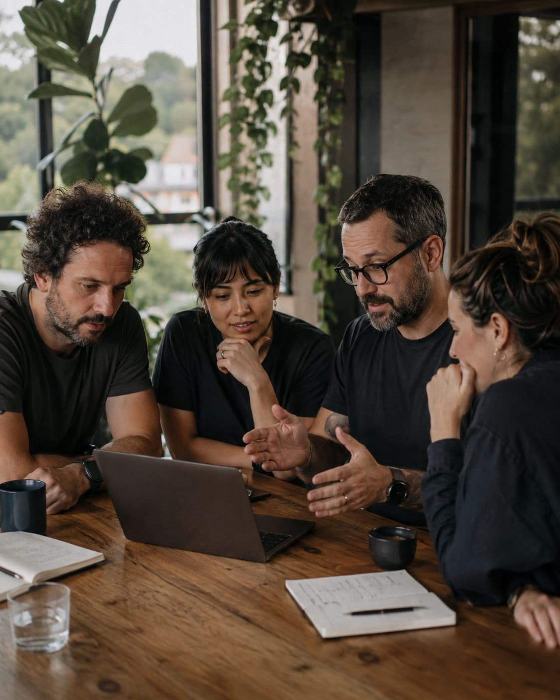 Time da Tensoor reunido de forma informal em volta de um notebook